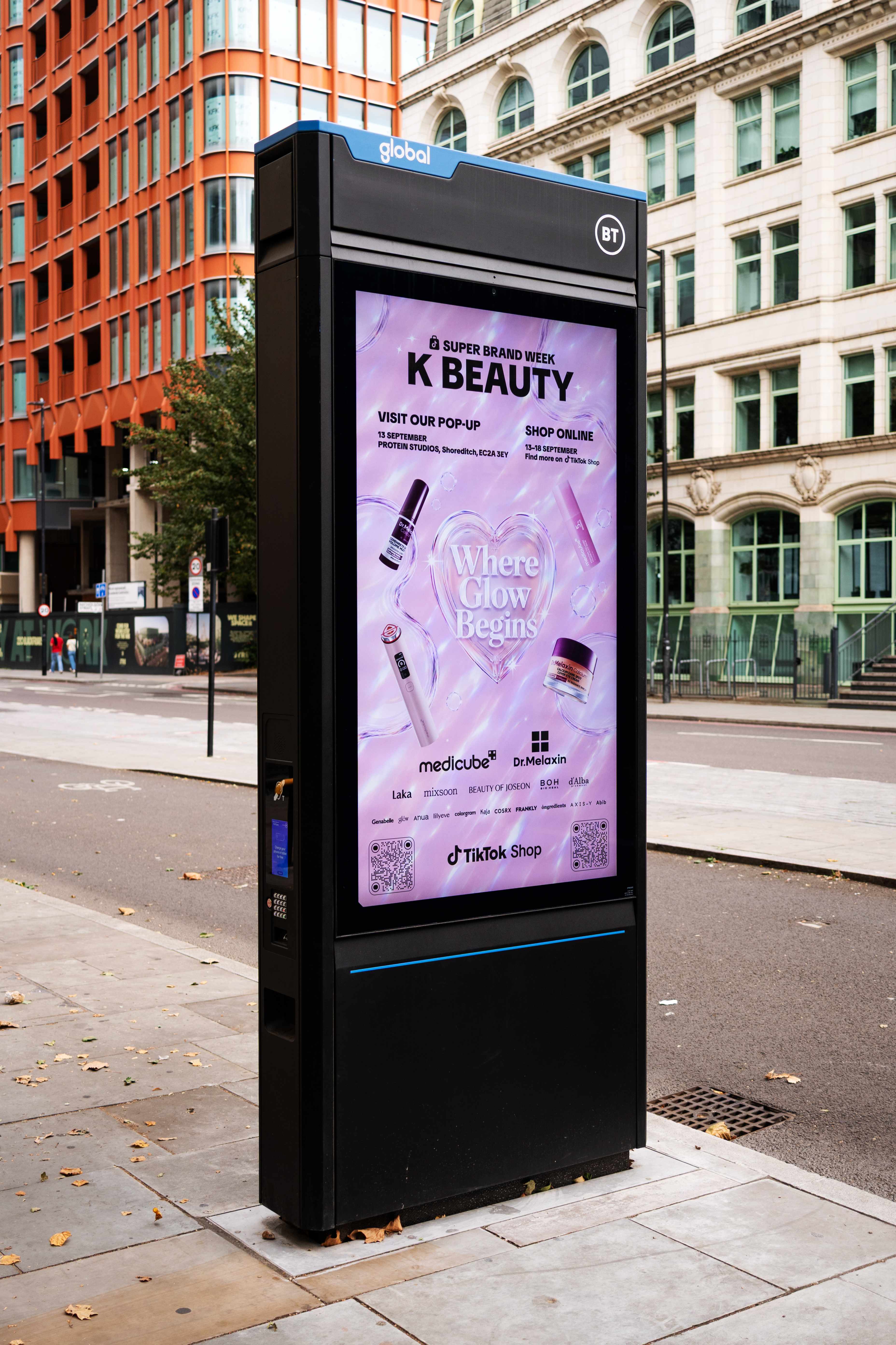 TikTok Shop K-BEAUTY creative on a Global StreetHub screen, London
